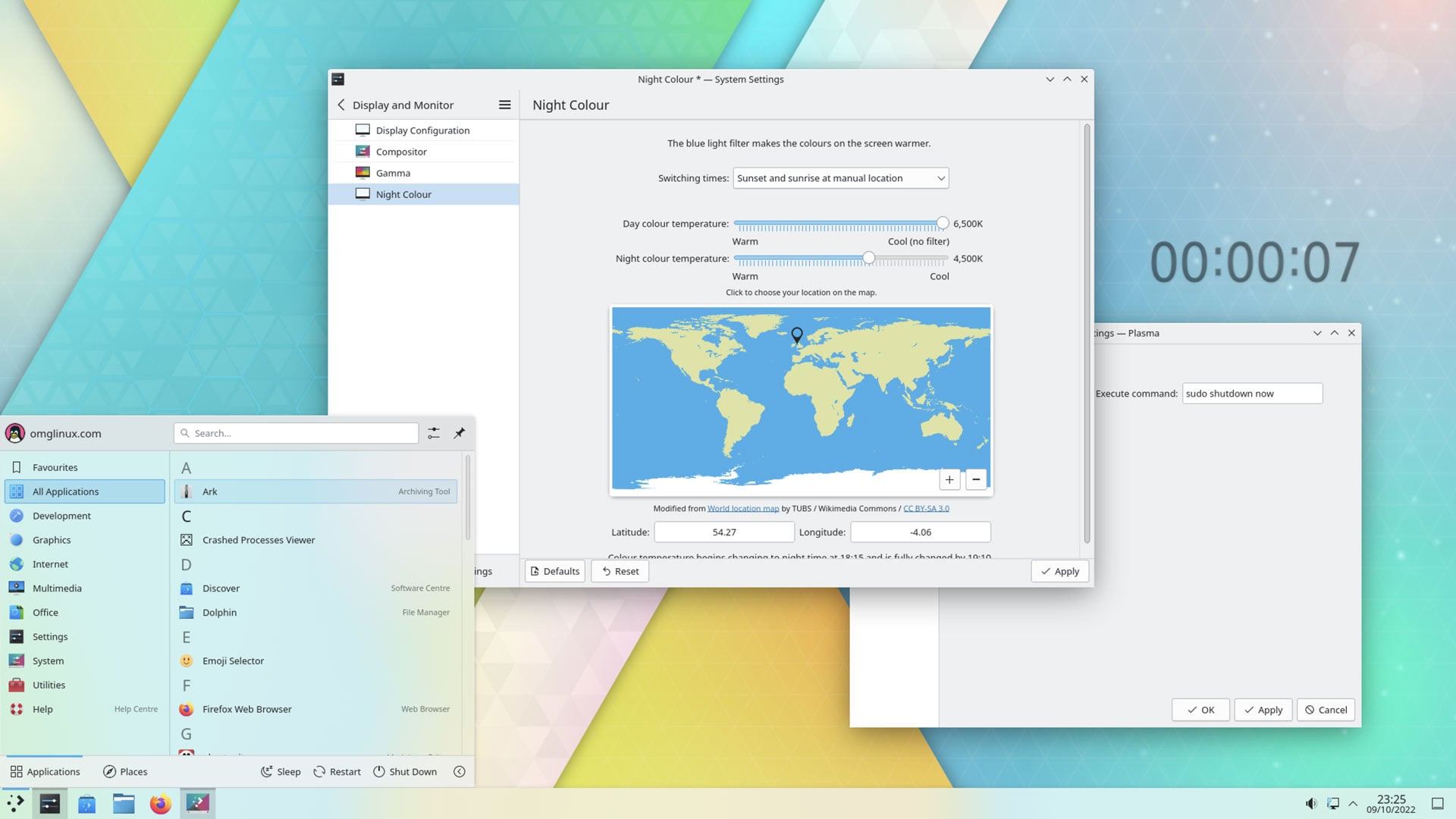 screenshot of kde plasma 5.26 on KDE Neon with app menu compact mode, night color manual settings, and timer plasmoid visible