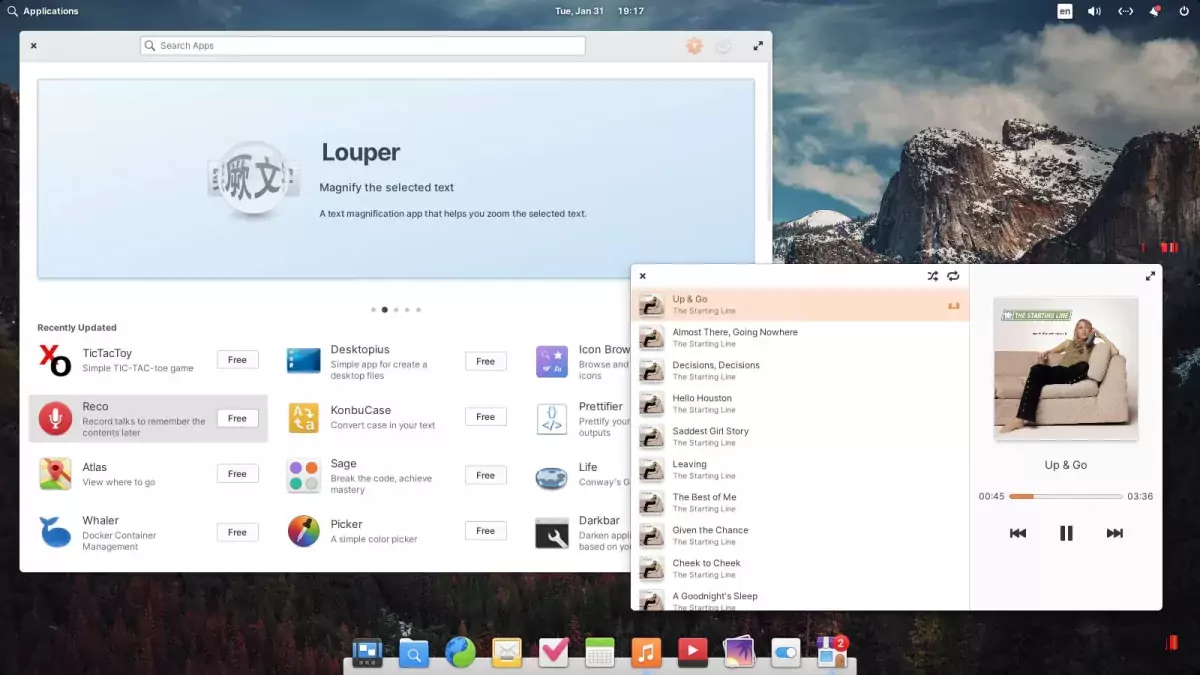 a screenshot showing AppCenter's main page and the new Music app in elementary OS 7 