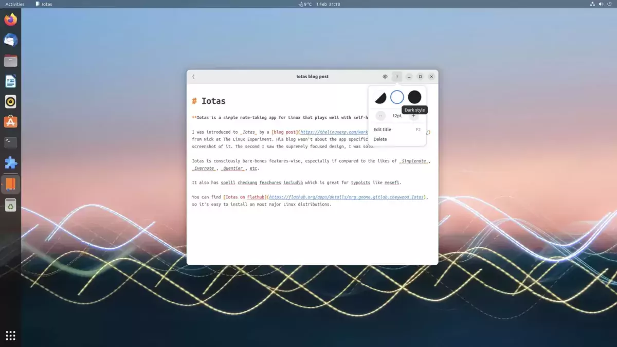 a screenshot of the ubuntu desktop with the Iotas GTK note taking app open