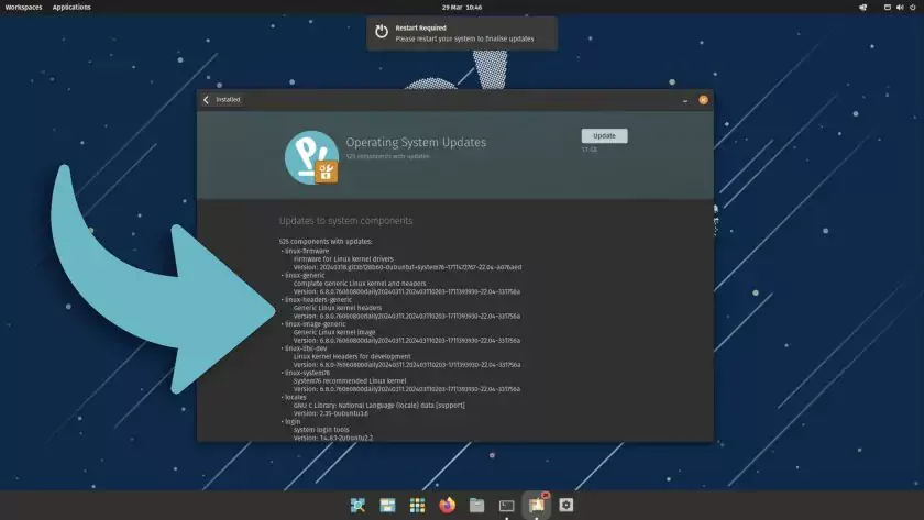 Pop Shop in Pop!_OS showing the Linux kernel 6.8 update available